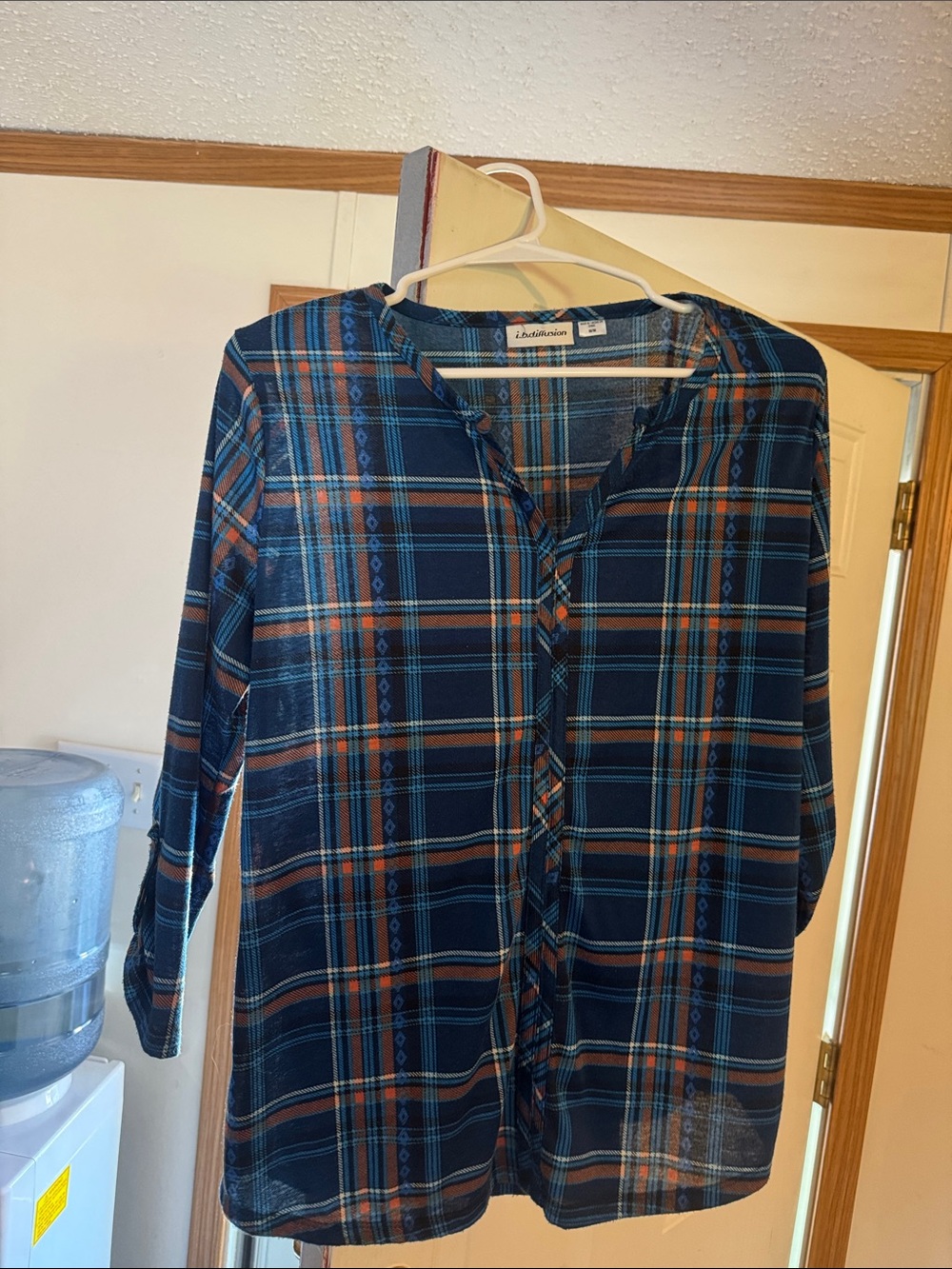 Women's Navy Plaid Button-Front Blouse with Orange Accents